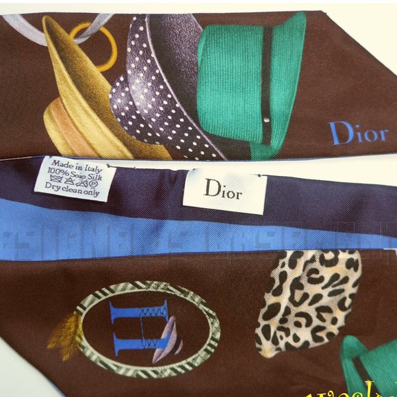 CHRISTIAN DIOR brown "H" for HATS ABCDIOR MITZAH skinny 2-sided Silk scarf NIB - Picture 3 of 6